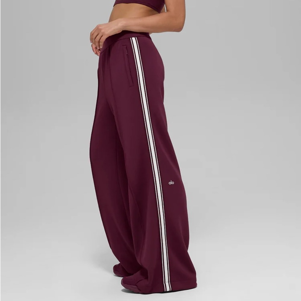 NWT Alo Track Star Wide Leg Pant. Burgundy Wide-Leg Pants with White Stripes - Picture 7 of 8